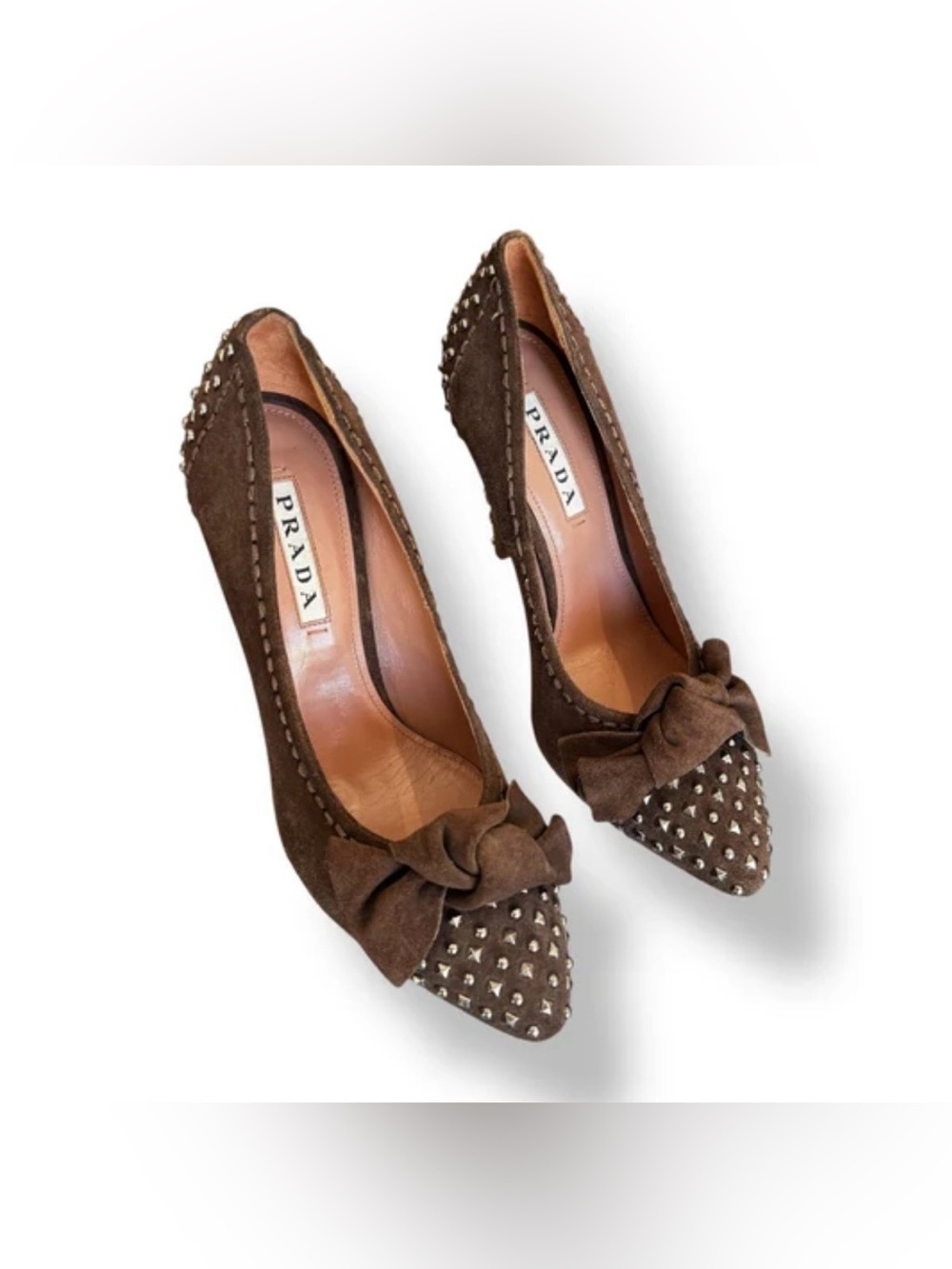 🍸 Prada Brown Suede Pointed-Toe Studded Bow Pumps 🍸